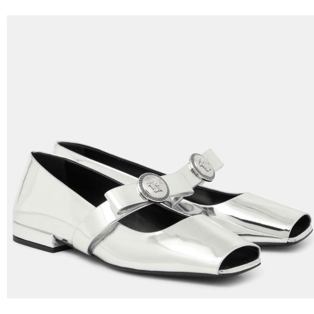 Versace Silver Mirrored Medusa Bow Square Toe Ballet Flats Size 40